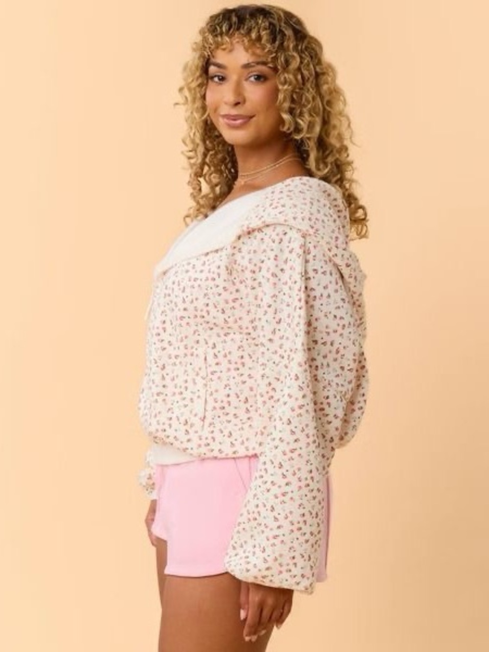 NWT Blogilates Women's Marshmallow Full Zip Hooded Sweatshirt, 2X - Cream Floral - Picture 4 of 12